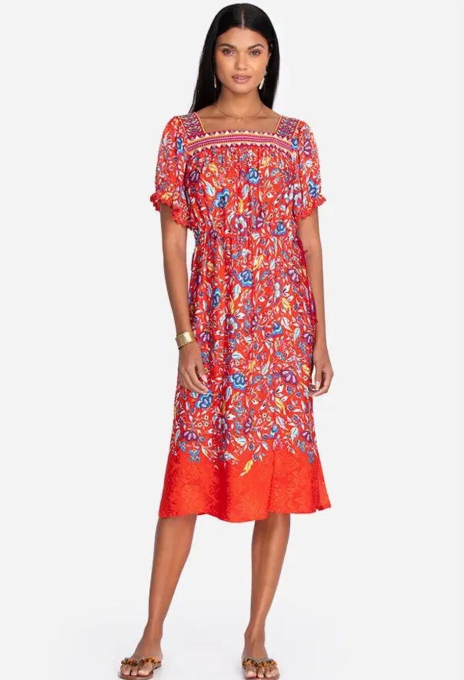 Johnny Was Jasmine Midi Dress Embroidered Square Neckline Pockets Size Medium